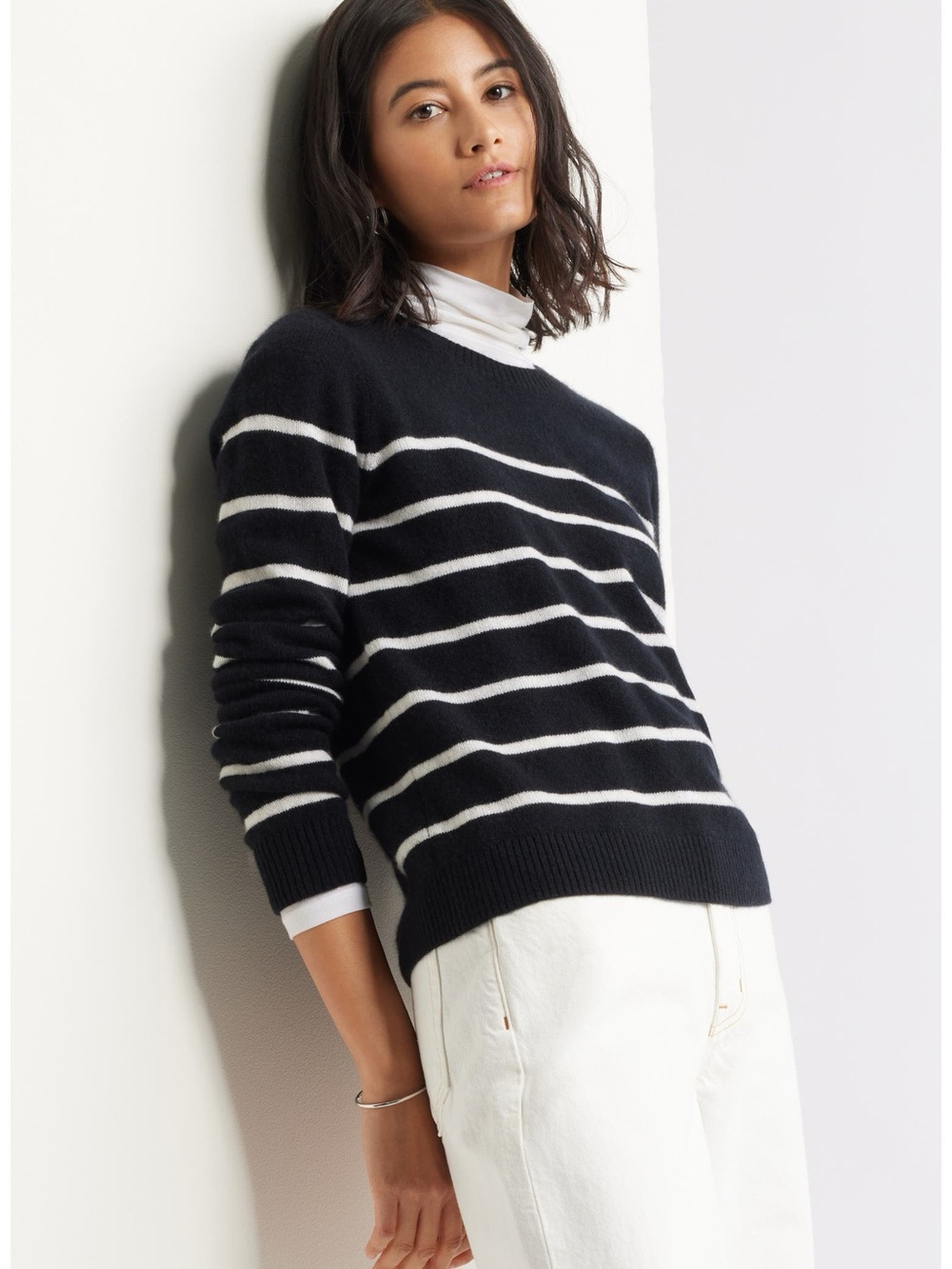 Cashlon 100% Cashmere Black White Stripe Sweater Women’s Large Luxury Knit Soft - Picture 2 of 8